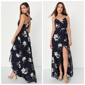 Lulus All Mine Navy Blue Floral Print High-Low Wrap Dress sz S
